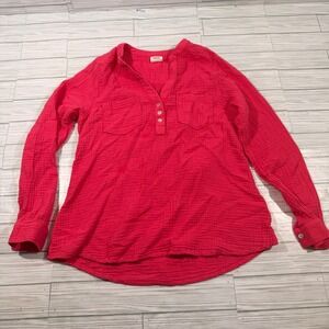 Mote Womens Long Sleeve Gauze Button Henley Top Pink Raspberry Crinkle Blouse